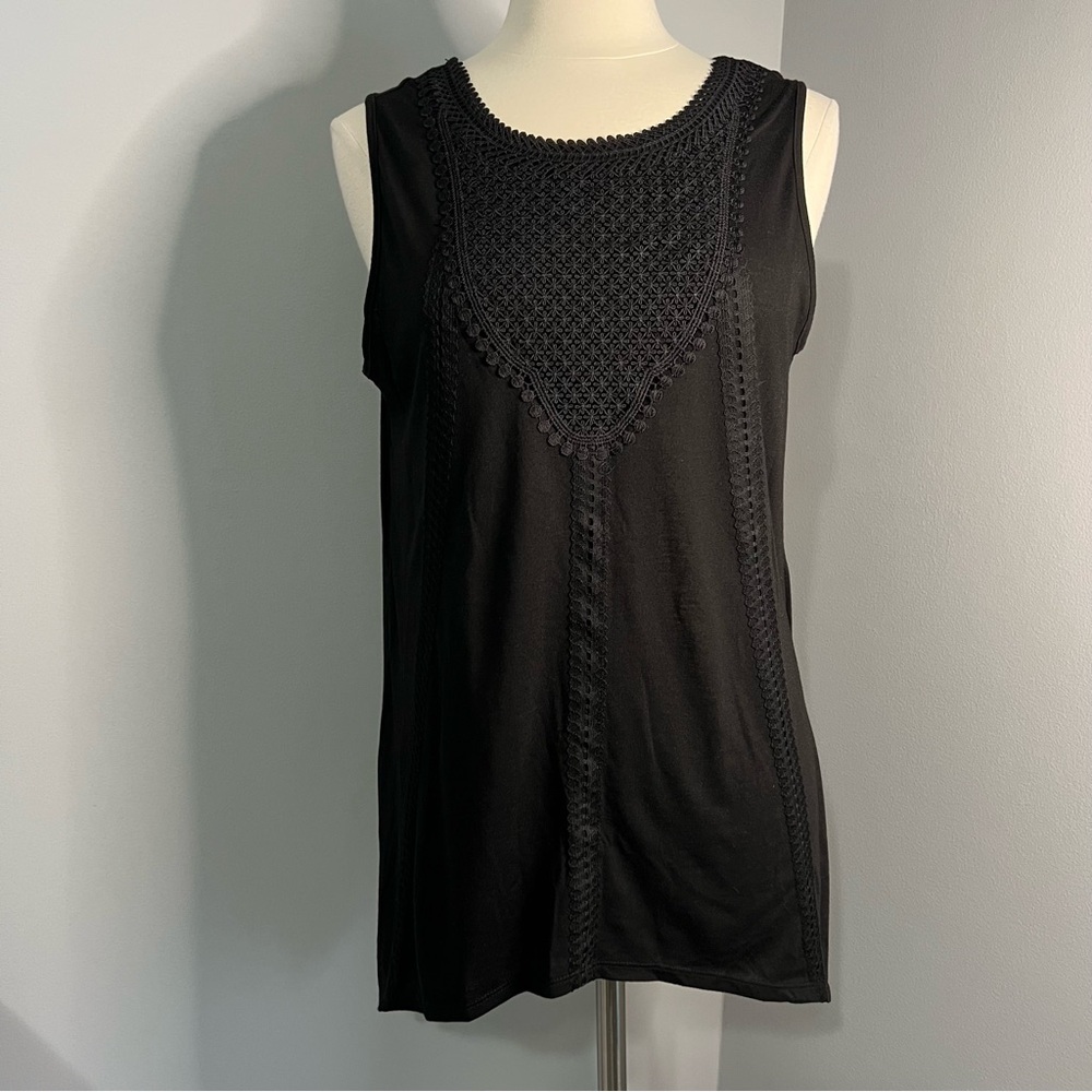 Karen Brooks L Black Tank Top Floral Embroidered Applique Asymmetric Hem